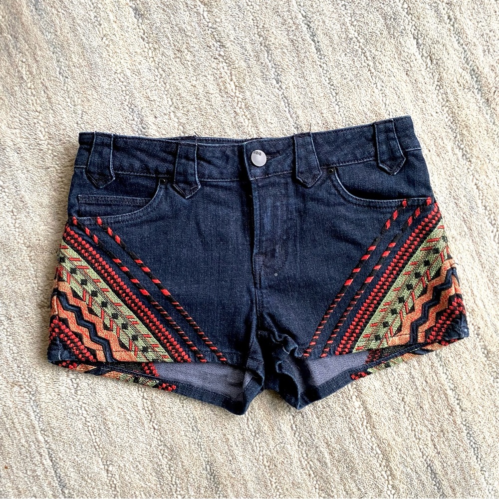BDG Dark Blue Denim Shorts with Colorful Embroidered Panels